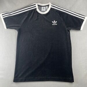 Adidas Originals Cozy Tee Velour 3 Stripes Trefoil TShirt Black White Mens M EUC